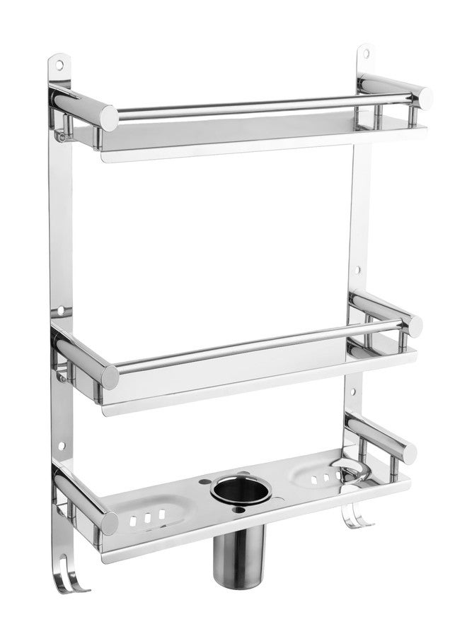 BSP 5-in-1 Heavy-Duty 3-Layer Stainless Steel Bathroom Shelf Rack with Dual Soap Holder, Toothbrush Holder & Tumbler | Rust-Proof Bathroom Accessories Organizer - Image 1